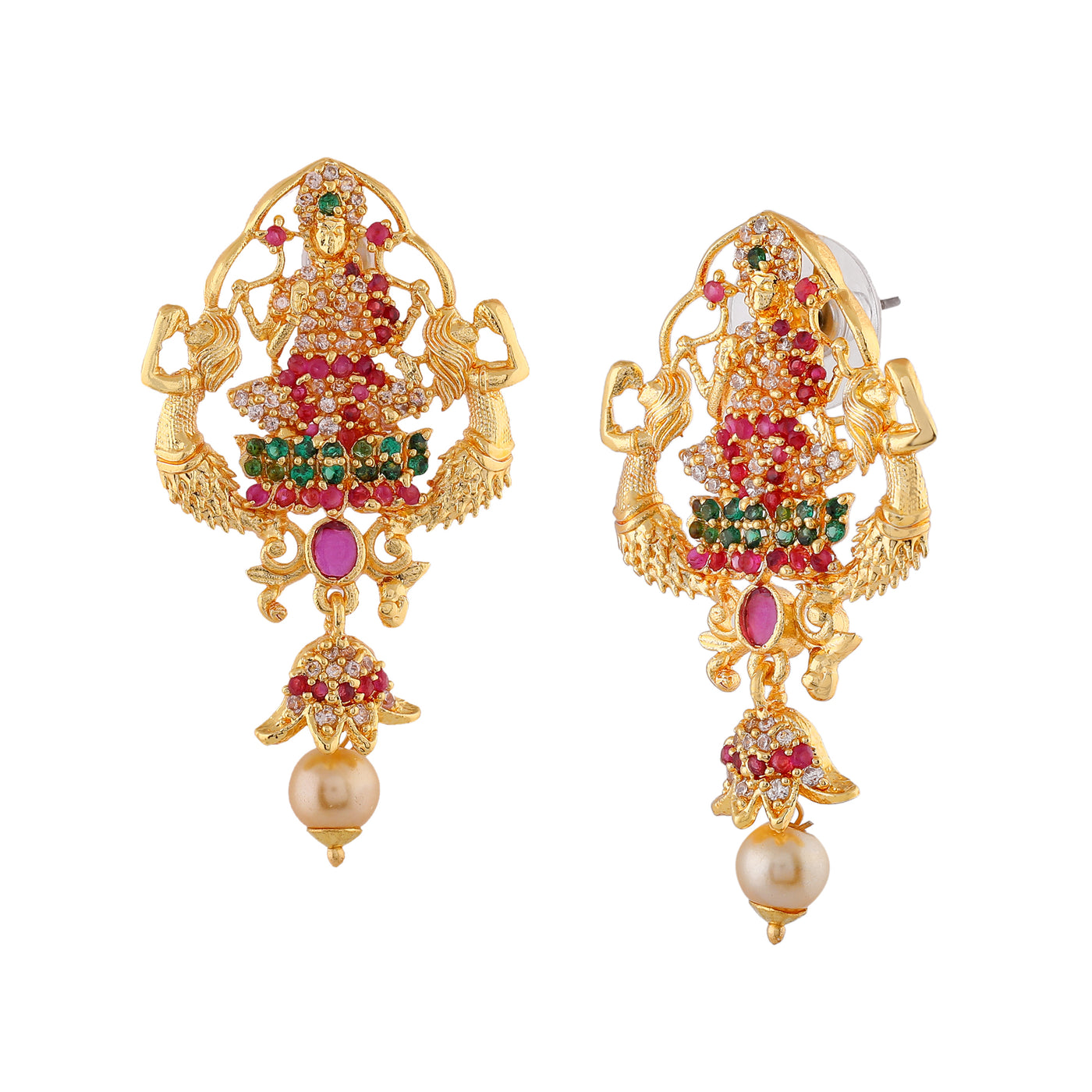 Estele Gold plated CZ Lakshmi Devi Designer Earrings with Pearls for Women