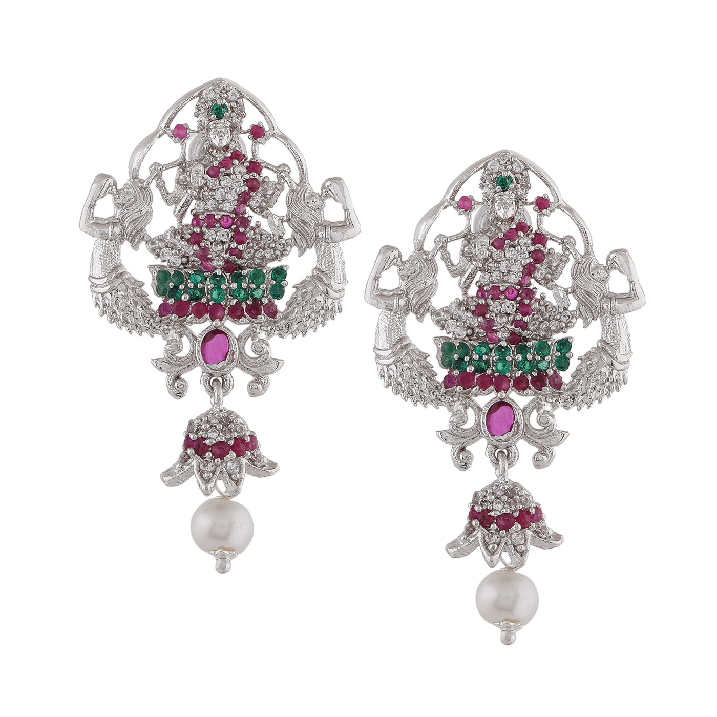 Estele Rhodium Plated CZ Traditional Lakshmi Devi Designer Earrings with Pearls for Women