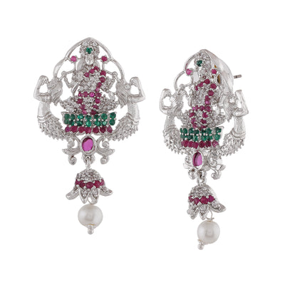 Estele Rhodium Plated CZ Traditional Lakshmi Devi Designer Earrings with Pearls for Women