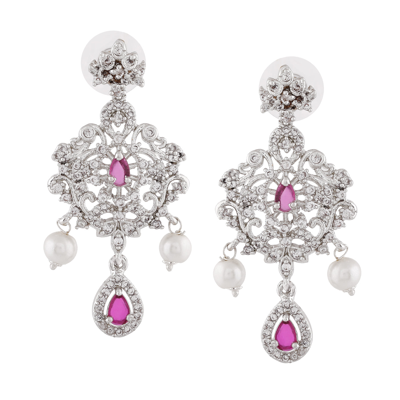 Estele Rhodium Plated CZ Sparkling Earrings with Pearls for Women