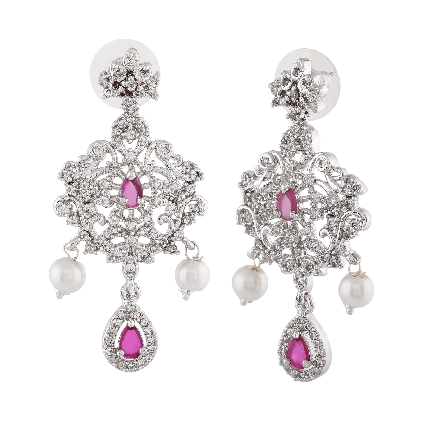 Estele Rhodium Plated CZ Sparkling Earrings with Pearls for Women