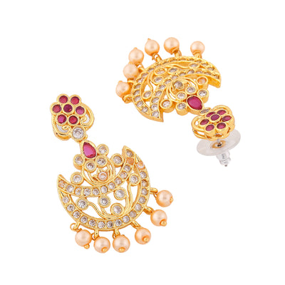 Estele Gold Plated CZ Gorgeous Flower Designer Earrings with Pearls for Women