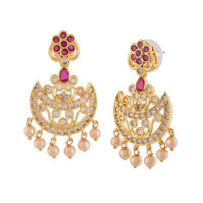 Estele Gold Plated CZ Gorgeous Flower Designer Earrings with Pearls for Women