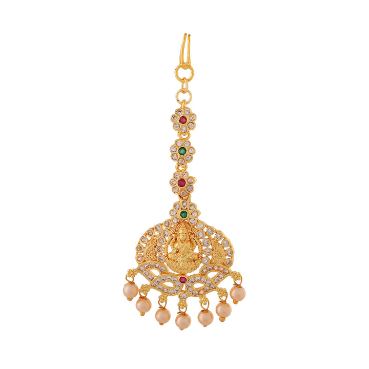 Estele Gold Plated CZ Traditional Lakshmi Ji designer Maang Tikka with Pearls for Women