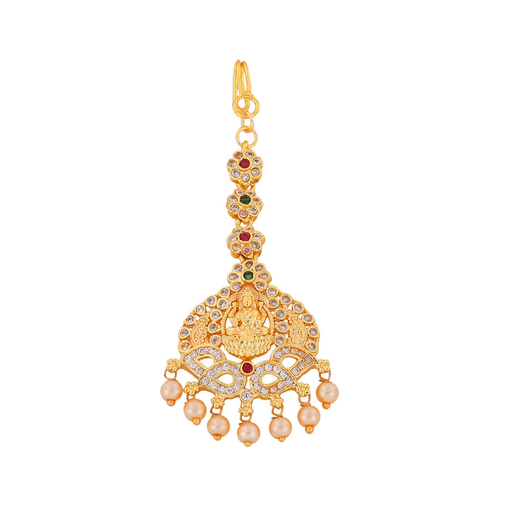 Estele Gold Plated CZ Traditional Lakshmi Ji designer Maang Tikka with Pearls for Women