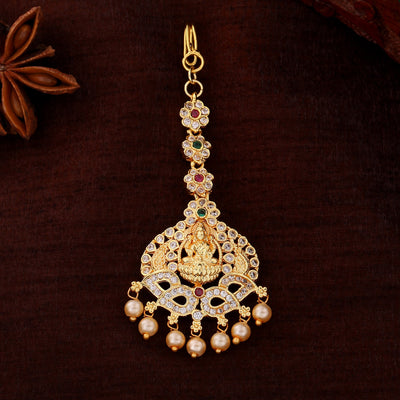 Estele Gold Plated CZ Traditional Lakshmi Ji designer Maang Tikka with Pearls for Women