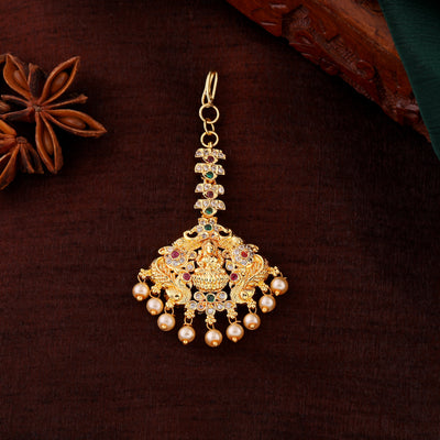 Estele Gold Plated CZ Beautiful Lakshmi Devi Designer Maang Tikka with Crystals & Pearls for Women