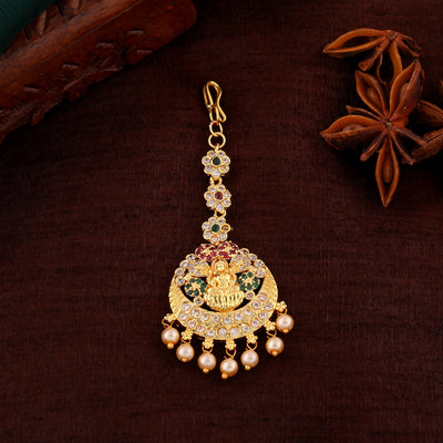 Estele Gold Plated CZ Heavenly Lakshmi Devi Designer Maang Tikka with Pearls for Women