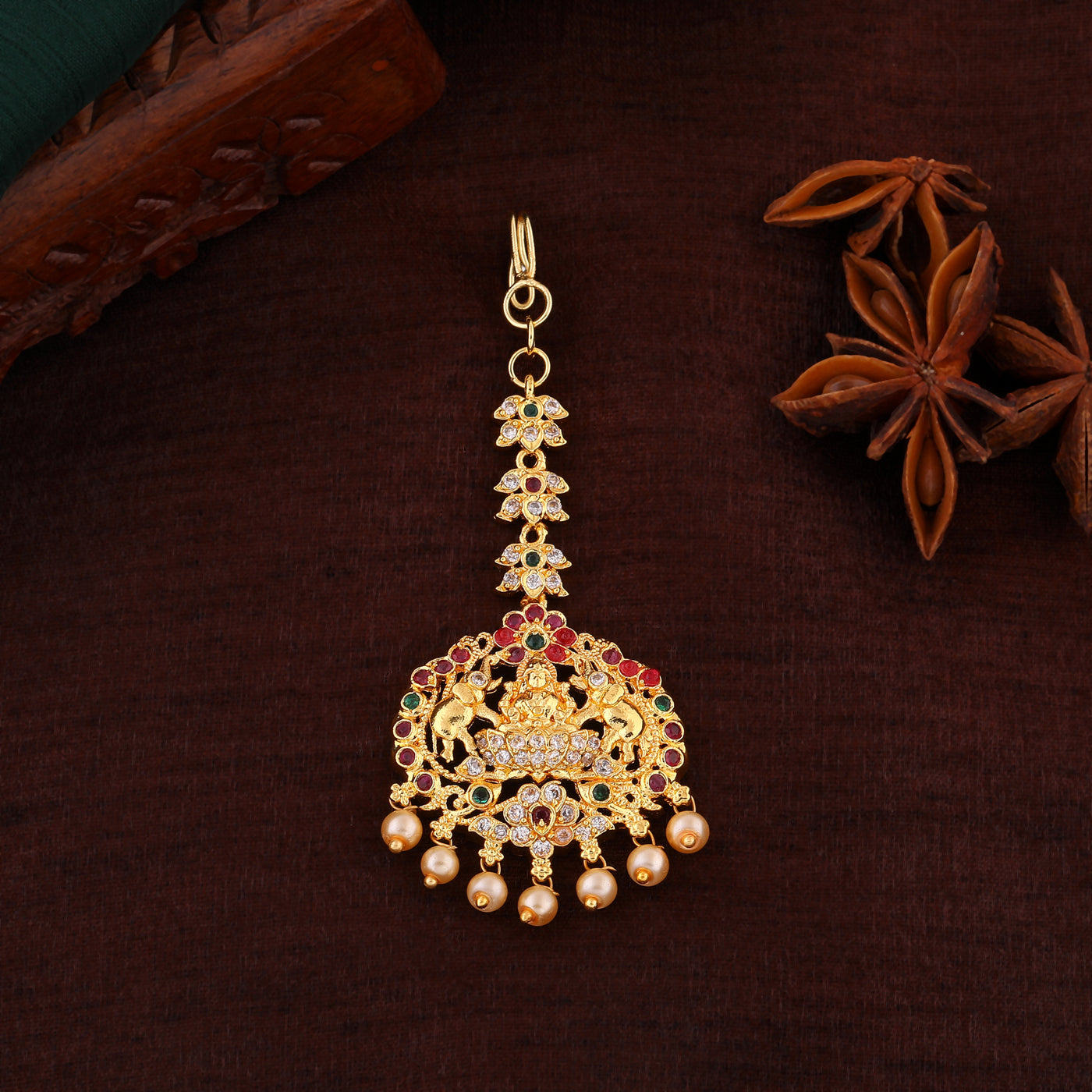 Estele Gold Plated CZ Traditional Lakshmi Devi Designer Maang Tikka with Pearl for Women