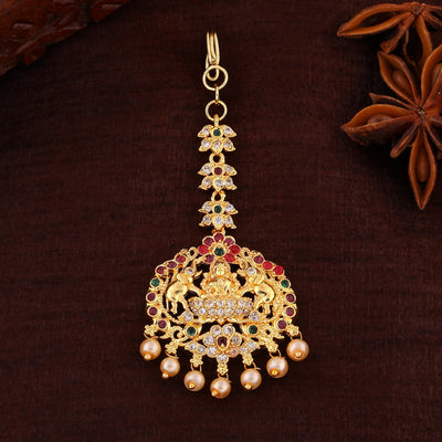 Estele Gold Plated CZ Traditional Lakshmi Devi Designer Maang Tikka with Pearl for Women
