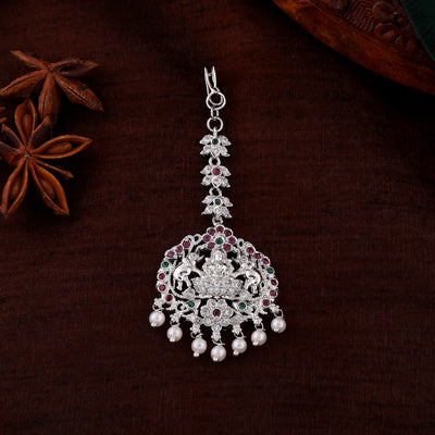 Estele Rhodium Plated CZ Lakshmi Devi Designer Maang Tikka with Pearls for Women