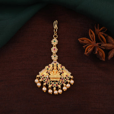 Estele Gold Plated CZ Enchanting Lakshmi Ji Designer Maang Tikka with Pearls for Women