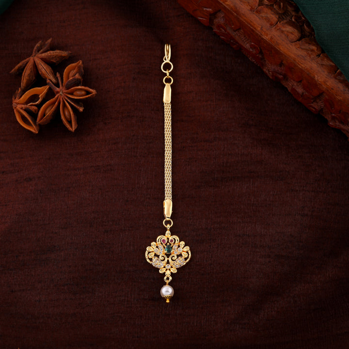 Estele Gold Plated CZ Entwined Peacock Designer Maang Tikka with Pearl for Women