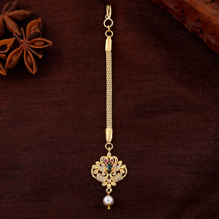 Estele Gold Plated CZ Entwined Peacock Designer Maang Tikka with Pearl for Women