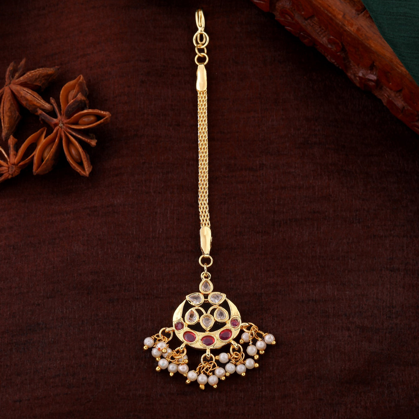 Estele Gold Plated CZ Gorgeous Designer Maang Tikka with Pearls for Women