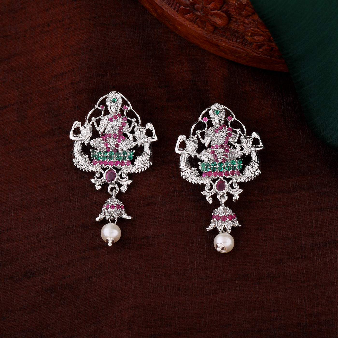 Estele Rhodium Plated CZ Traditional Lakshmi Devi Designer Earrings with Pearls for Women