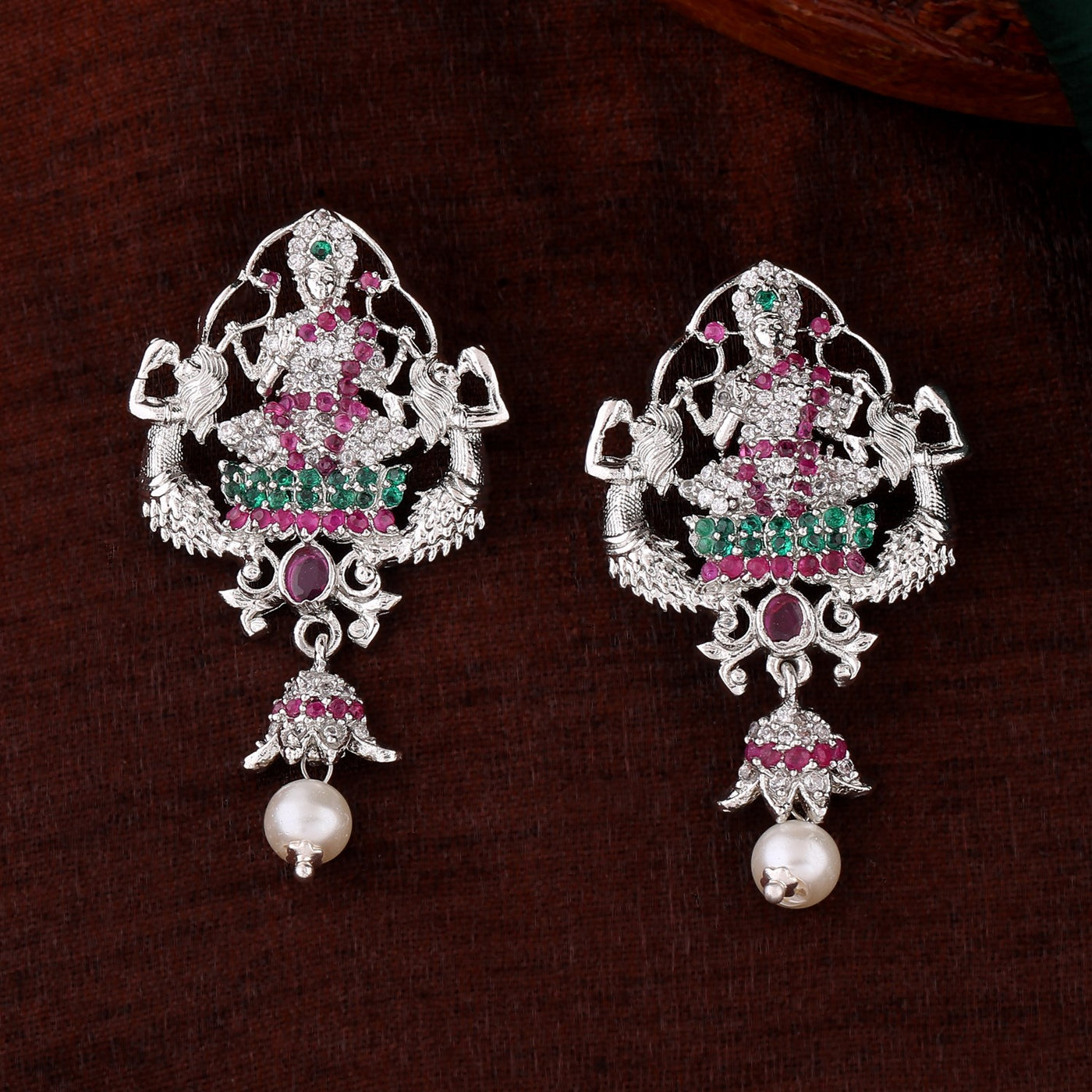 Estele Rhodium Plated CZ Traditional Lakshmi Devi Designer Earrings with Pearls for Women