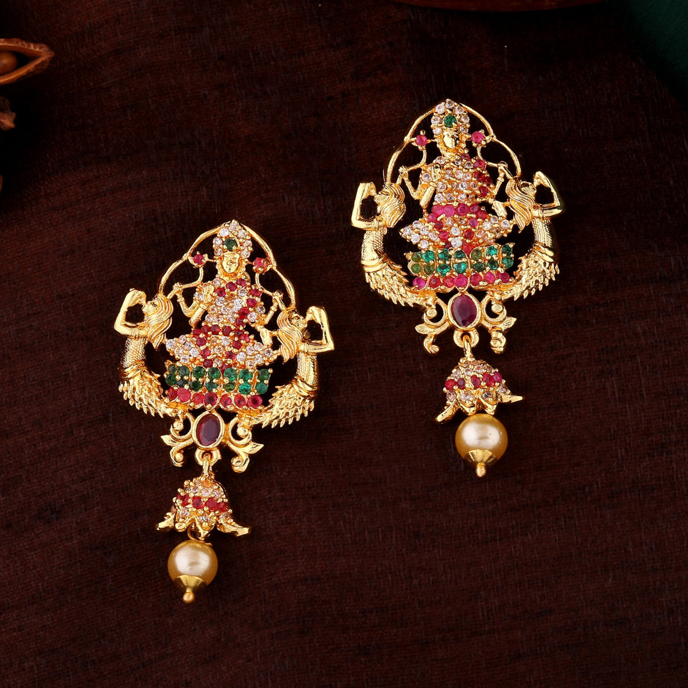 Estele Gold plated CZ Lakshmi Devi Designer Earrings with Pearls for Women