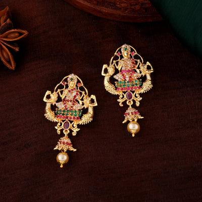 Estele Gold plated CZ Lakshmi Devi Designer Earrings with Pearls for Women