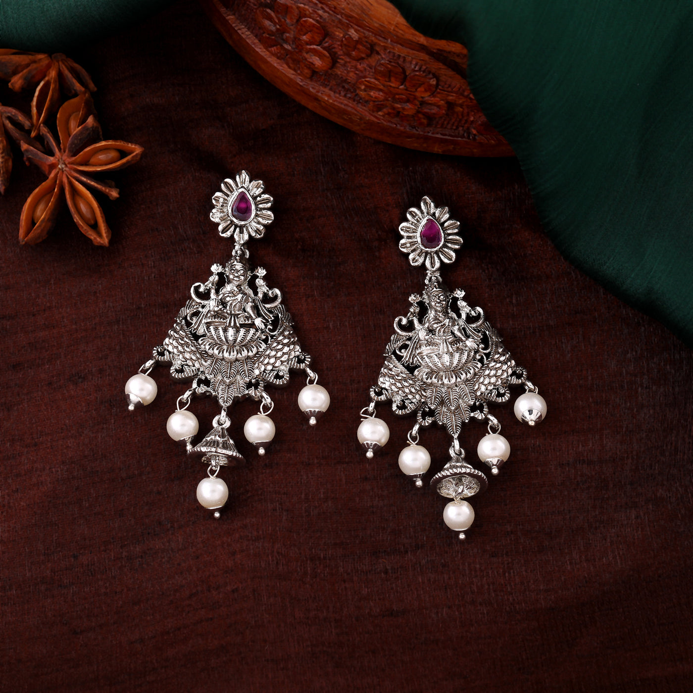 Estele Rhodium Plated CZ Traditional Lakshmi Devi Designer Earrings with Pearls for Women