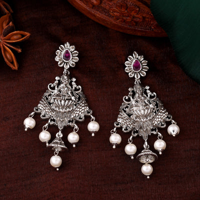 Estele Rhodium Plated CZ Traditional Lakshmi Devi Designer Earrings with Pearls for Women