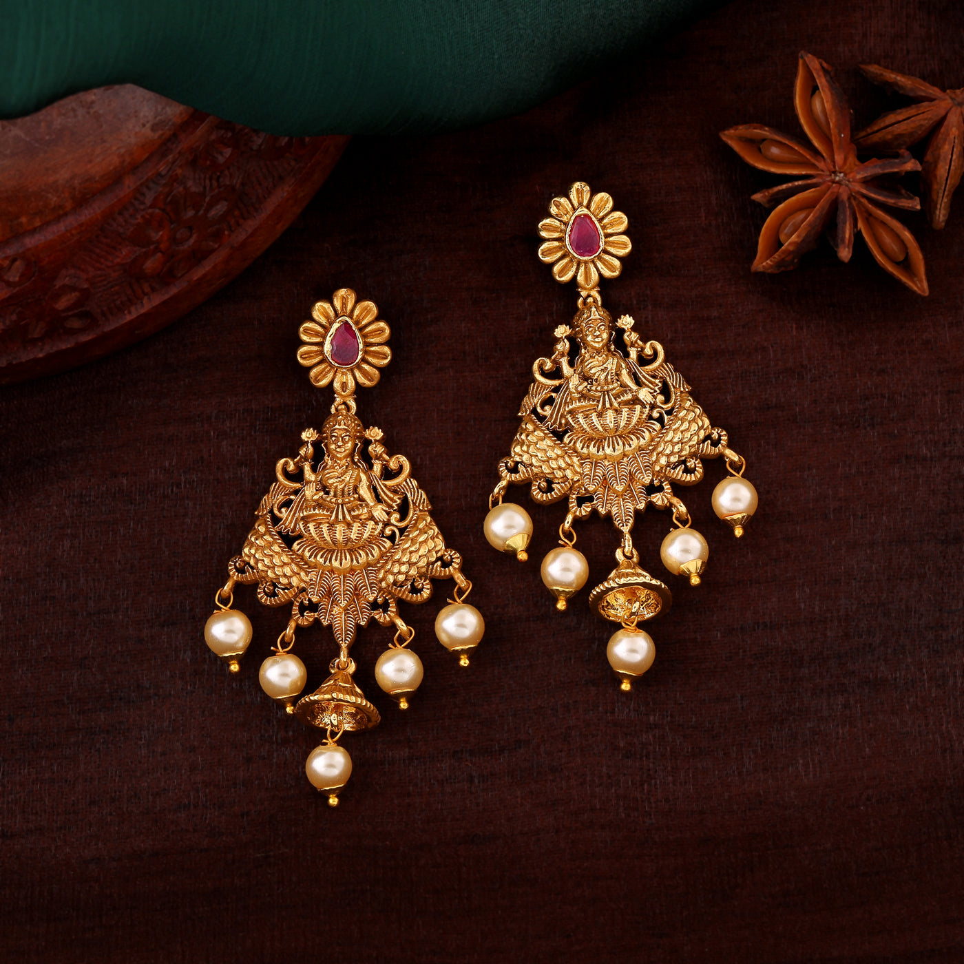 Temple Jewellery - 22K Gold 'Lakshmi' Earrings With Beads & Pearls -  235-GER10452 in 6.500 Grams