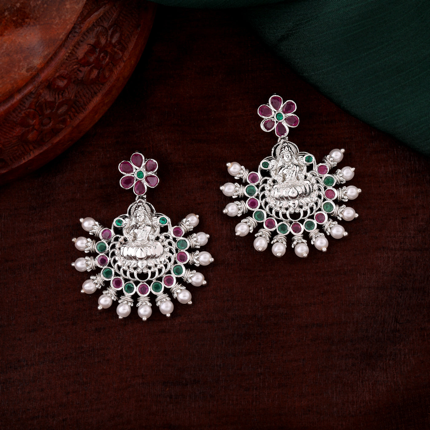 Estele Rhodium Plated CZ Traditional Lakshmi Devi Designer Earrings with Pearls for Women