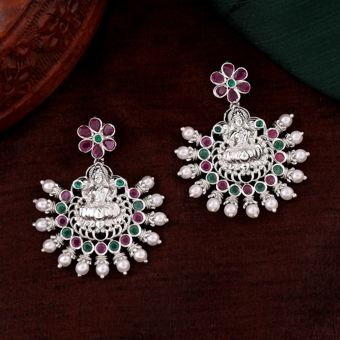 Estele Rhodium Plated CZ Traditional Lakshmi Devi Designer Earrings with Pearls for Women