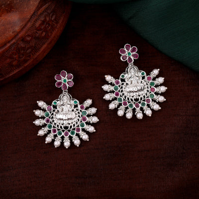 Estele Rhodium Plated CZ Traditional Lakshmi Devi Designer Earrings with Pearls for Women