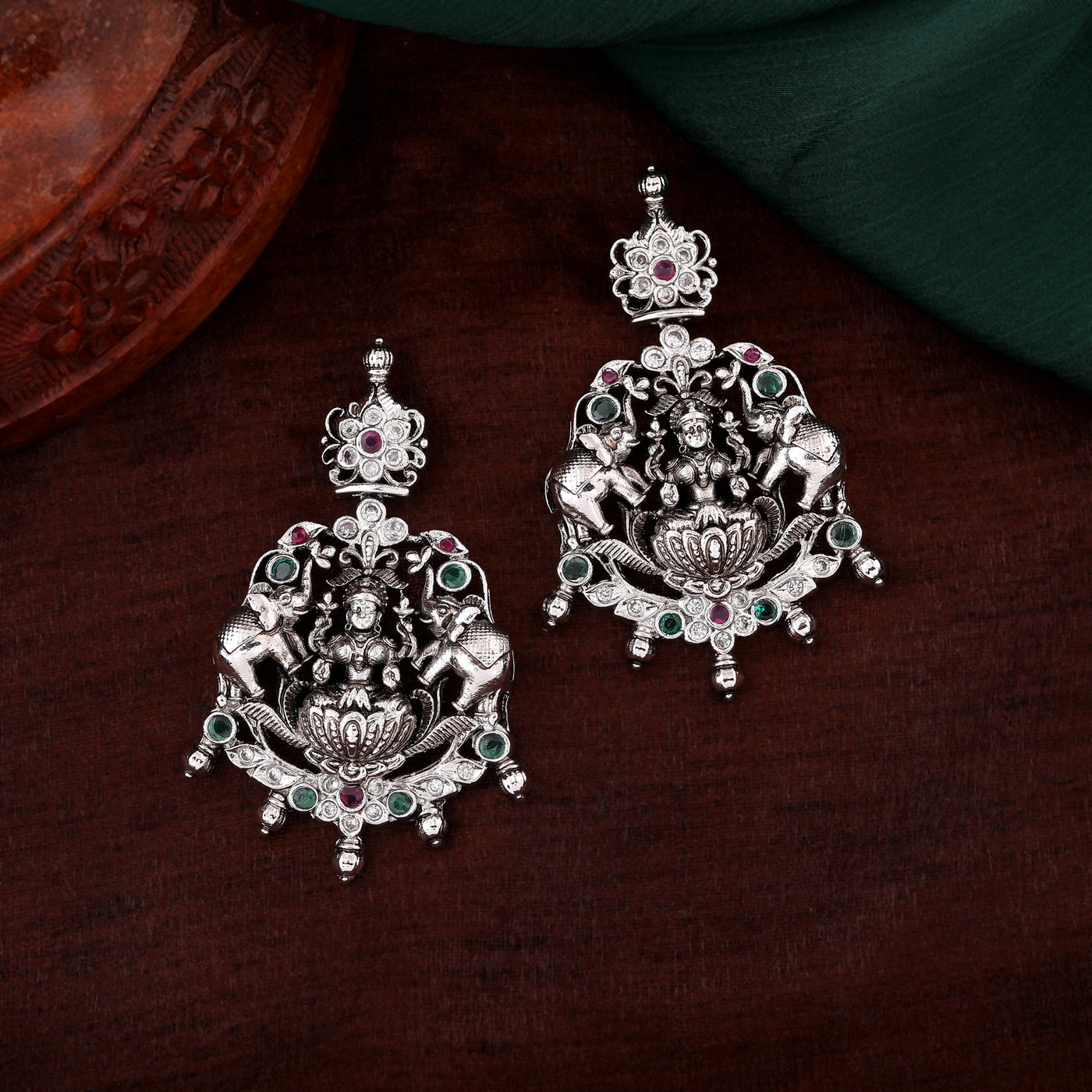 Estele Rhodium Plated CZ Lakshmi Devi Embellished with Elephants Designer Earrings for Women