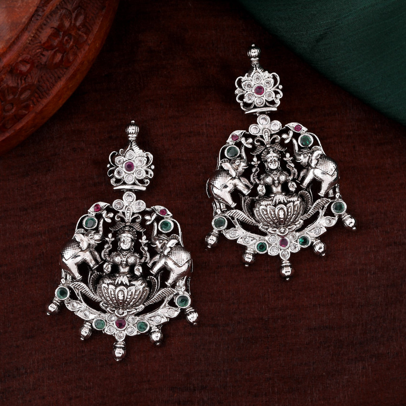 Estele Rhodium Plated CZ Lakshmi Devi Embellished with Elephants Designer Earrings for Women