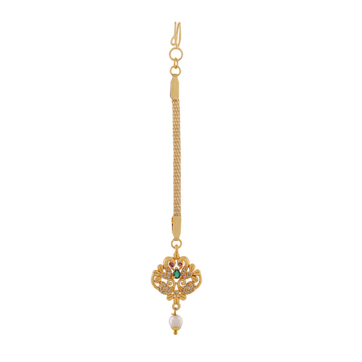 Estele Gold Plated CZ Entwined Peacock Designer Maang Tikka with Pearl for Women