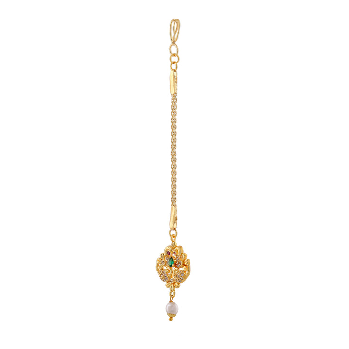 Estele Gold Plated CZ Entwined Peacock Designer Maang Tikka with Pearl for Women
