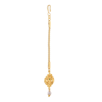 Estele Gold Plated CZ Entwined Peacock Designer Maang Tikka with Pearl for Women