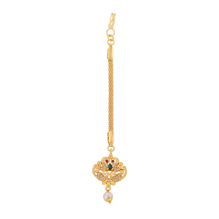 Estele Gold Plated CZ Entwined Peacock Designer Maang Tikka with Pearl for Women
