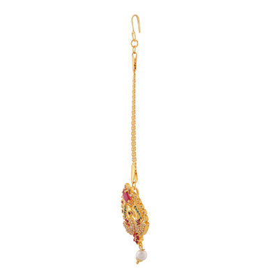 Estele Gold Plated CZ Peacock Designer Maang Tikka with Pearl for Women