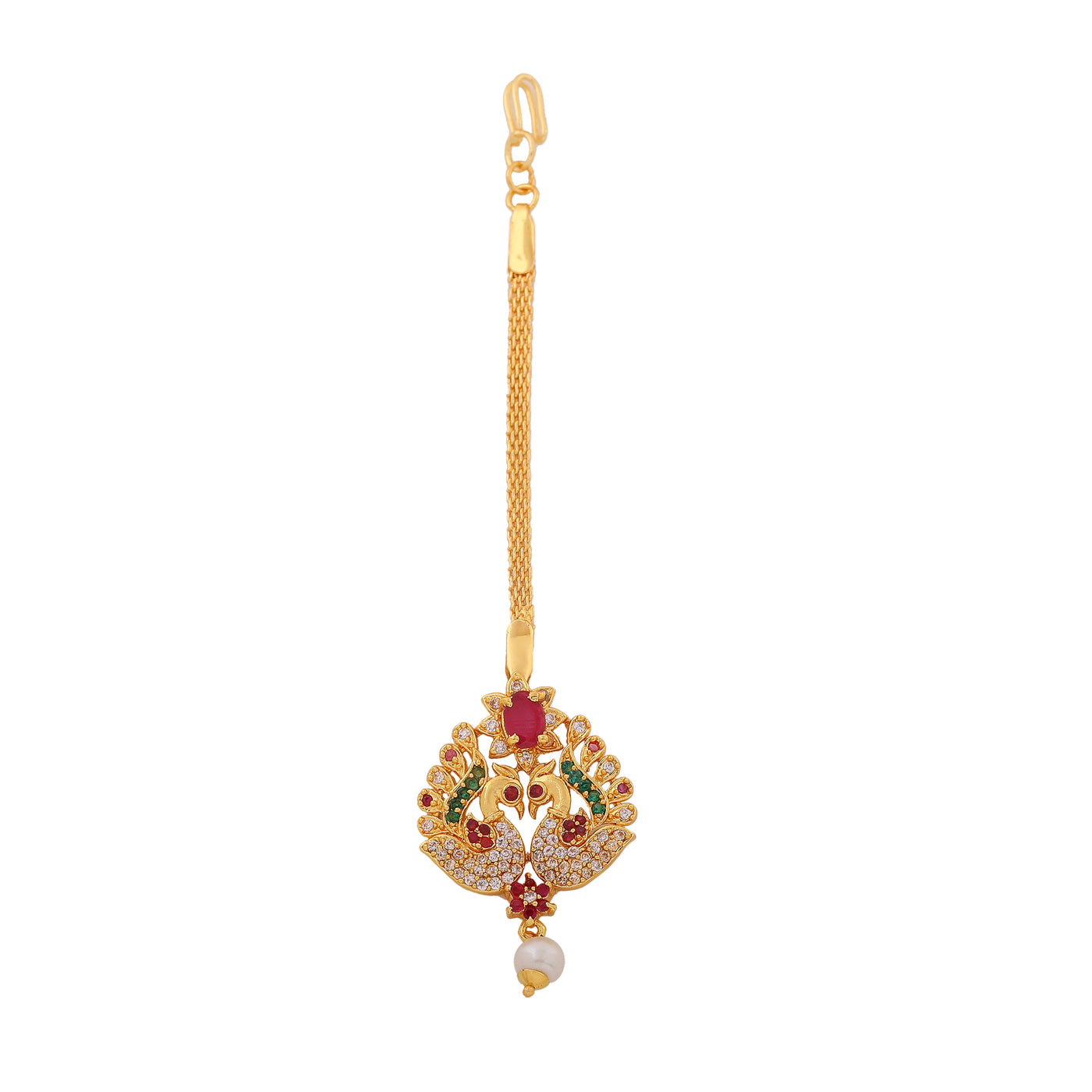 Estele Gold Plated CZ Peacock Designer Maang Tikka with Pearl for Women