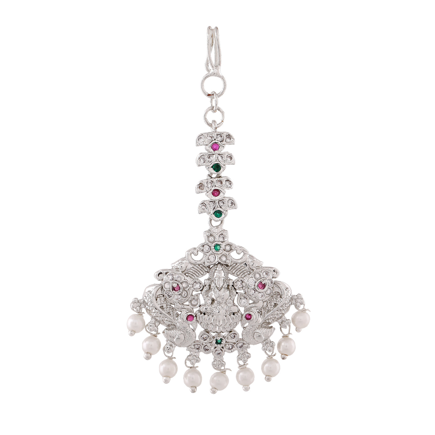 Estele Rhodium Plated CZ Beautiful Lakshmi Devi Designer Maang Tikka with Crystals & Pearls for Women