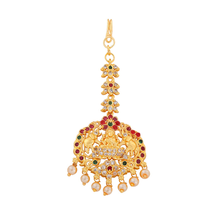 Estele Gold Plated CZ Traditional Lakshmi Devi Designer Maang Tikka with Pearl for Women