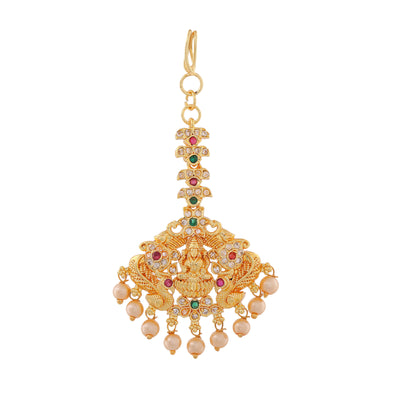 Estele Gold Plated CZ Beautiful Lakshmi Devi Designer Maang Tikka with Crystals & Pearls for Women