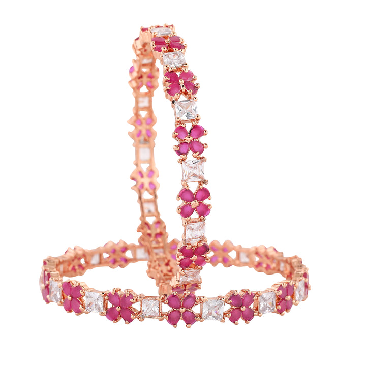 Estele Rose Gold Plated CZ Gorgeous Flower Designer Bangle with Pink & White for Women