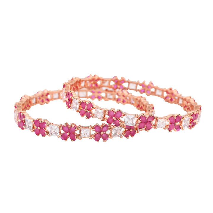 Estele Rose Gold Plated CZ Gorgeous Flower Designer Bangle with Pink & White for Women