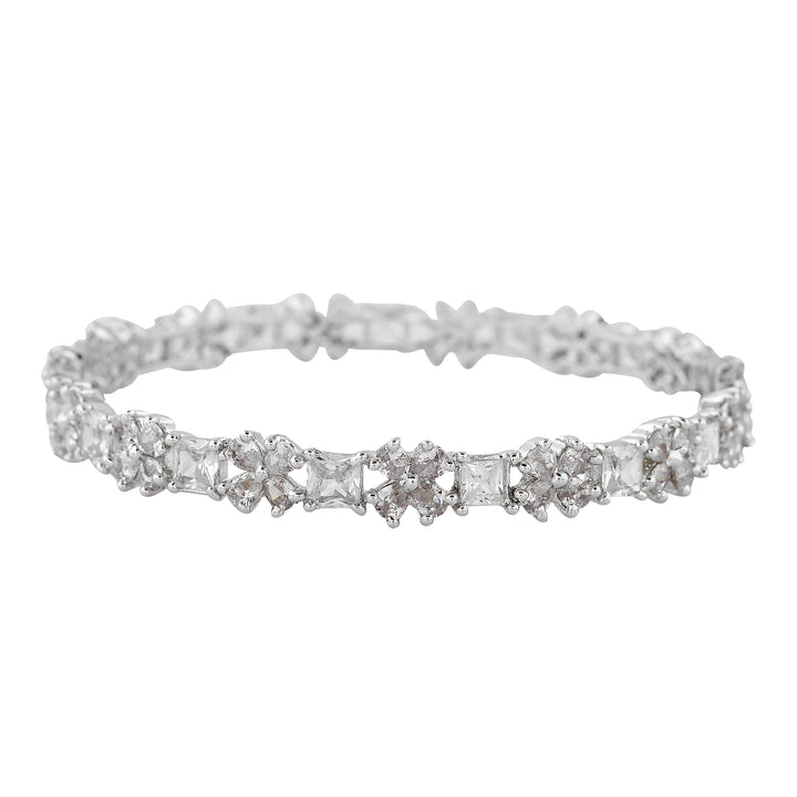 Estele Rhodium Plated CZ Gorgeous Flower Designer Bangle for Women