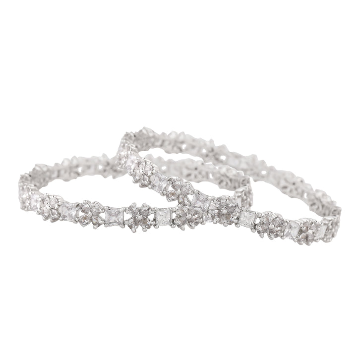 Estele Rhodium Plated CZ Gorgeous Flower Designer Bangles for Women