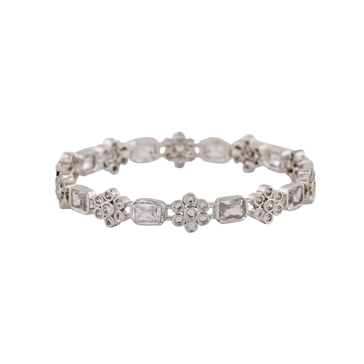 Estele Rhodium Plated CZ Floral Designer Bangle for Women