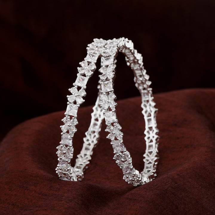 Estele Rhodium Plated CZ Gorgeous Flower Designer Bangle for Women