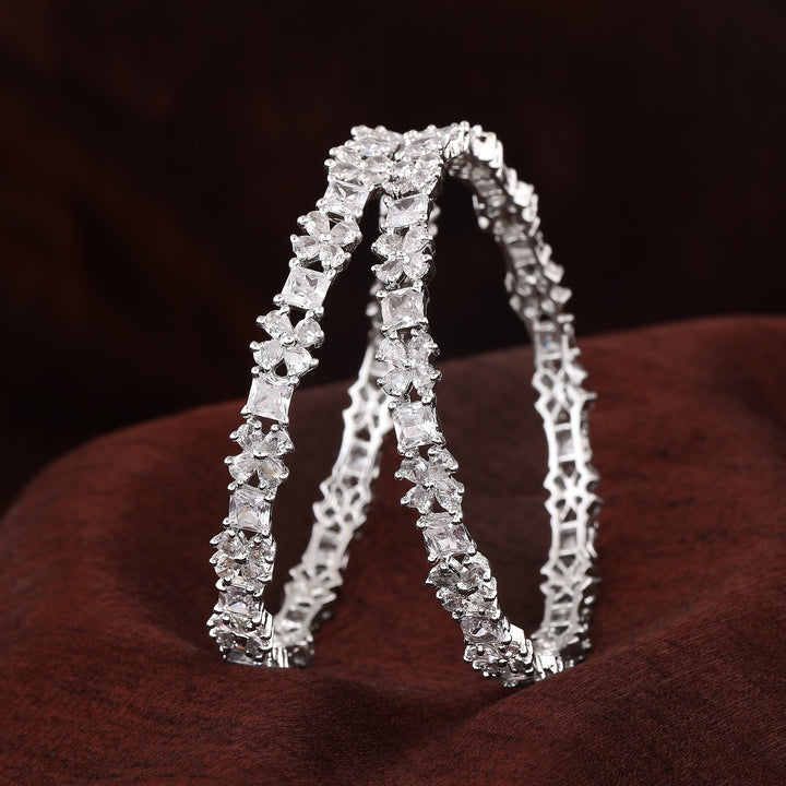 Estele Rhodium Plated CZ Gorgeous Flower Designer Bangles for Women
