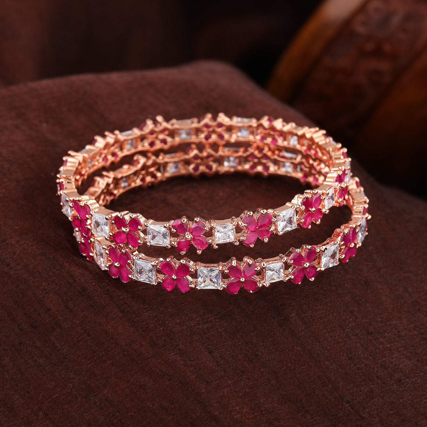 Estele Rose Gold Plated CZ Gorgeous Flower Designer Bangle with Pink & White for Women