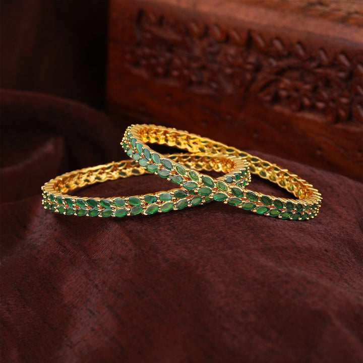 Estele Gold Plated CZ Marvelous Designer Bangle with Green Stones for Women