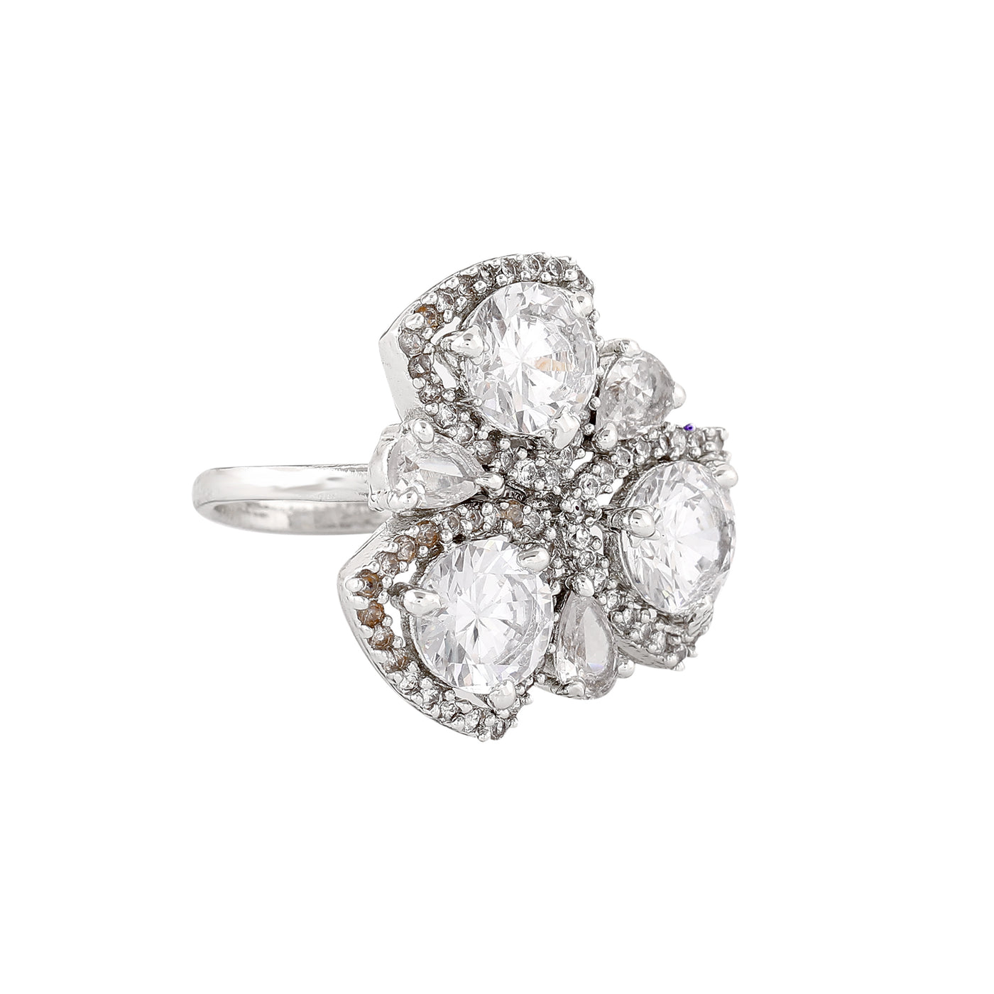 Estele Rhodium Plated CZ Adjustable Sparkling Floret Designer Finger Ring for Women